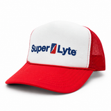 A red and white trucker hat featuring a white front panel with the 'Super Lyte' logo embroidered in blue and red, and a red mesh back.