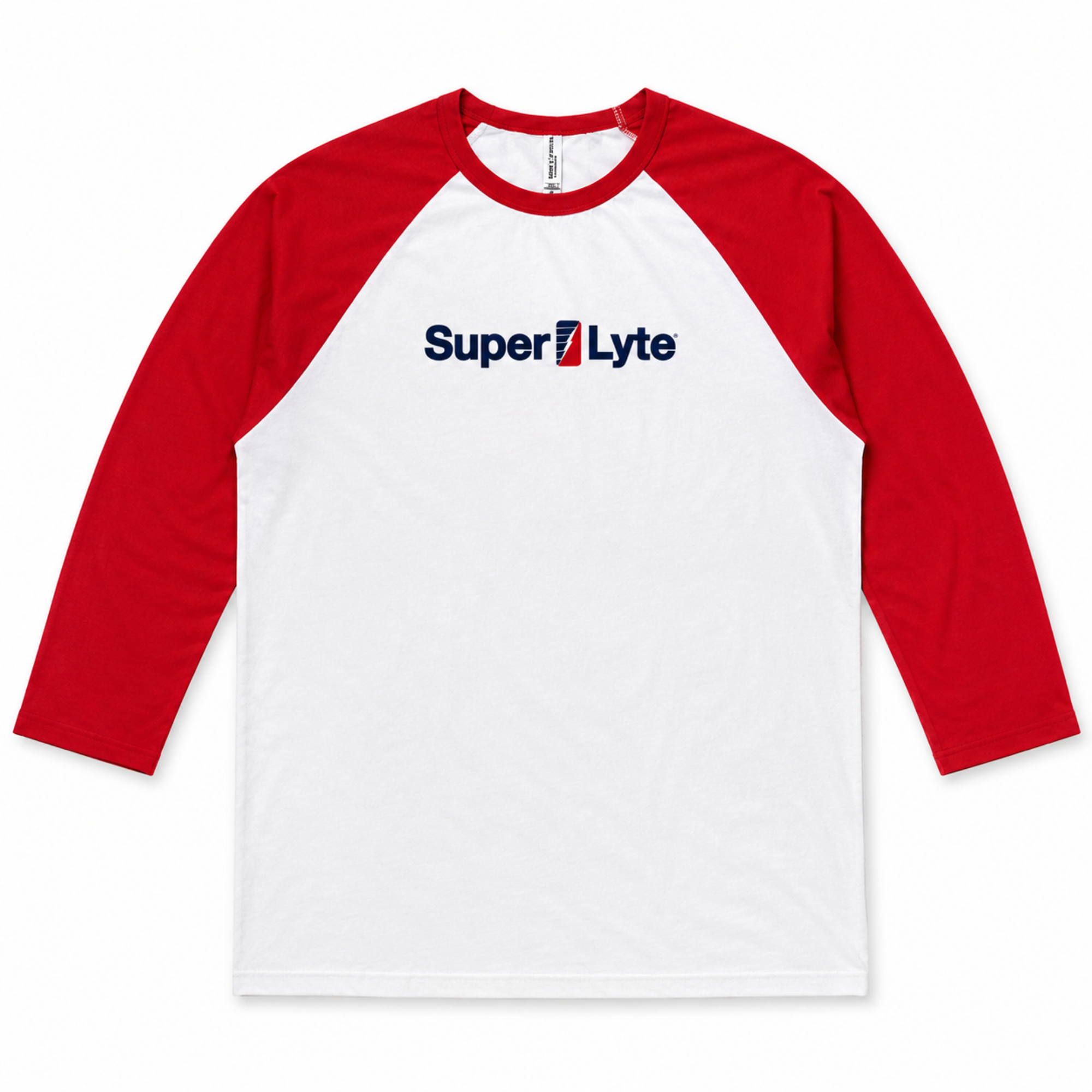 A 3/4 sleeve raglan baseball t-shirt with a white body and red sleeves, featuring the 'Super Lyte' logo printed across the chest.