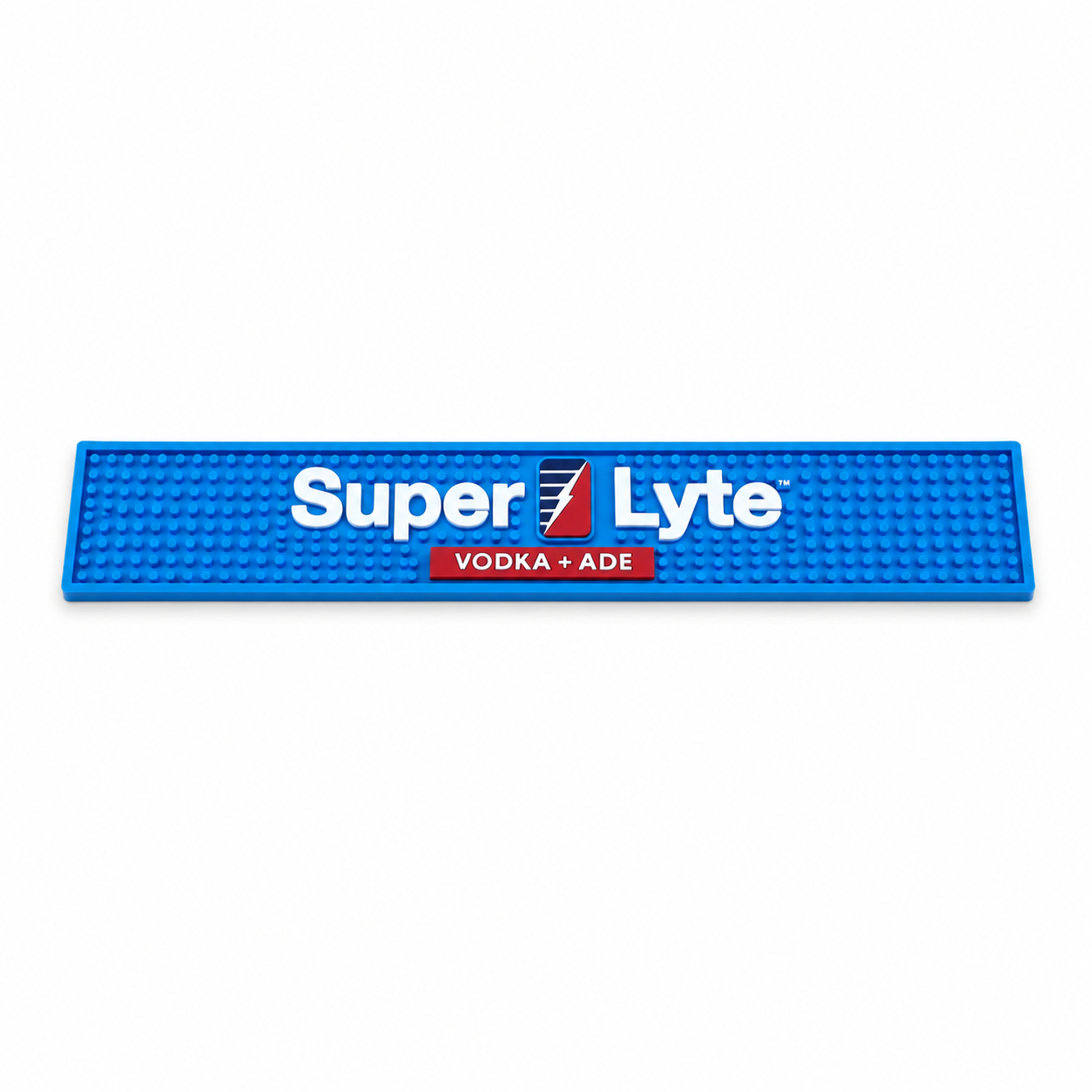 A blue textured rectangular rail mat featuring the 'Super Lyte VODKA + ADE' logo in white and red, shown on a plain white background.