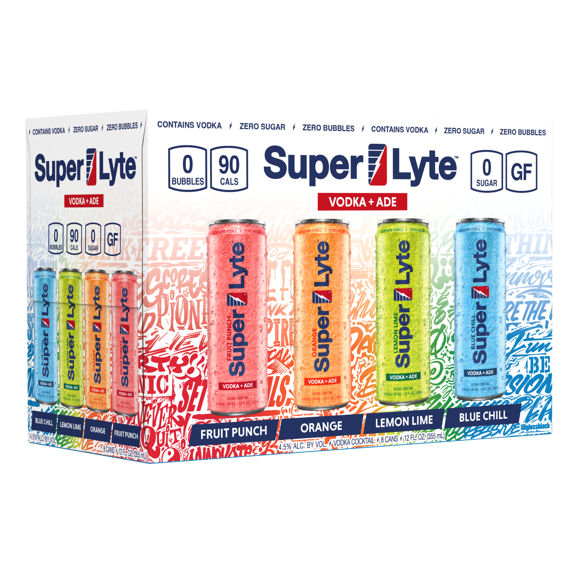 Super Lyte variety beverage pack in various flavors with packaging on a white background