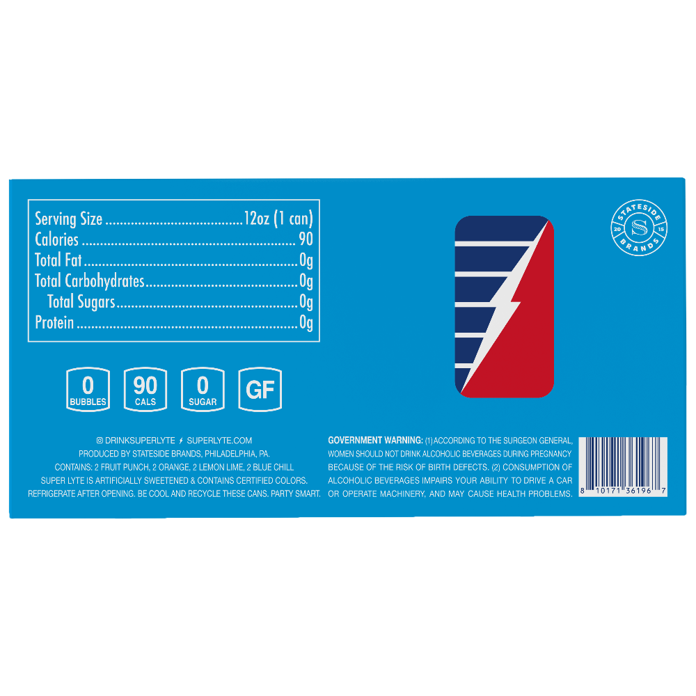 Super Lyte label with nutritional information and branding on a blue background