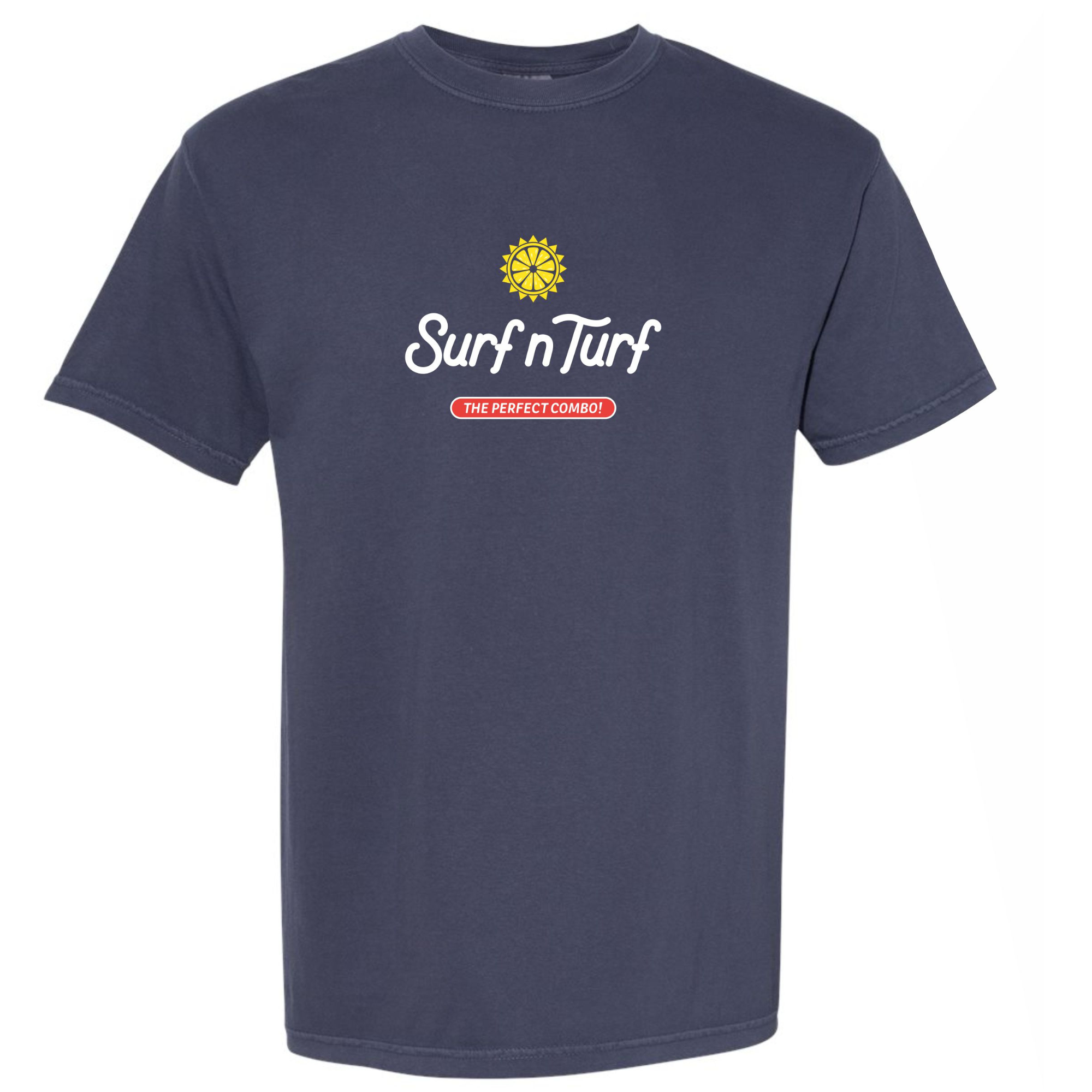 Navy blue t-shirt with 'Surf n Turf' centered logo on a white background