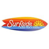 Surfside surfboard shaped logo on metal tin tacker for Surfside Iced Tea + Vodka with a colorful design.