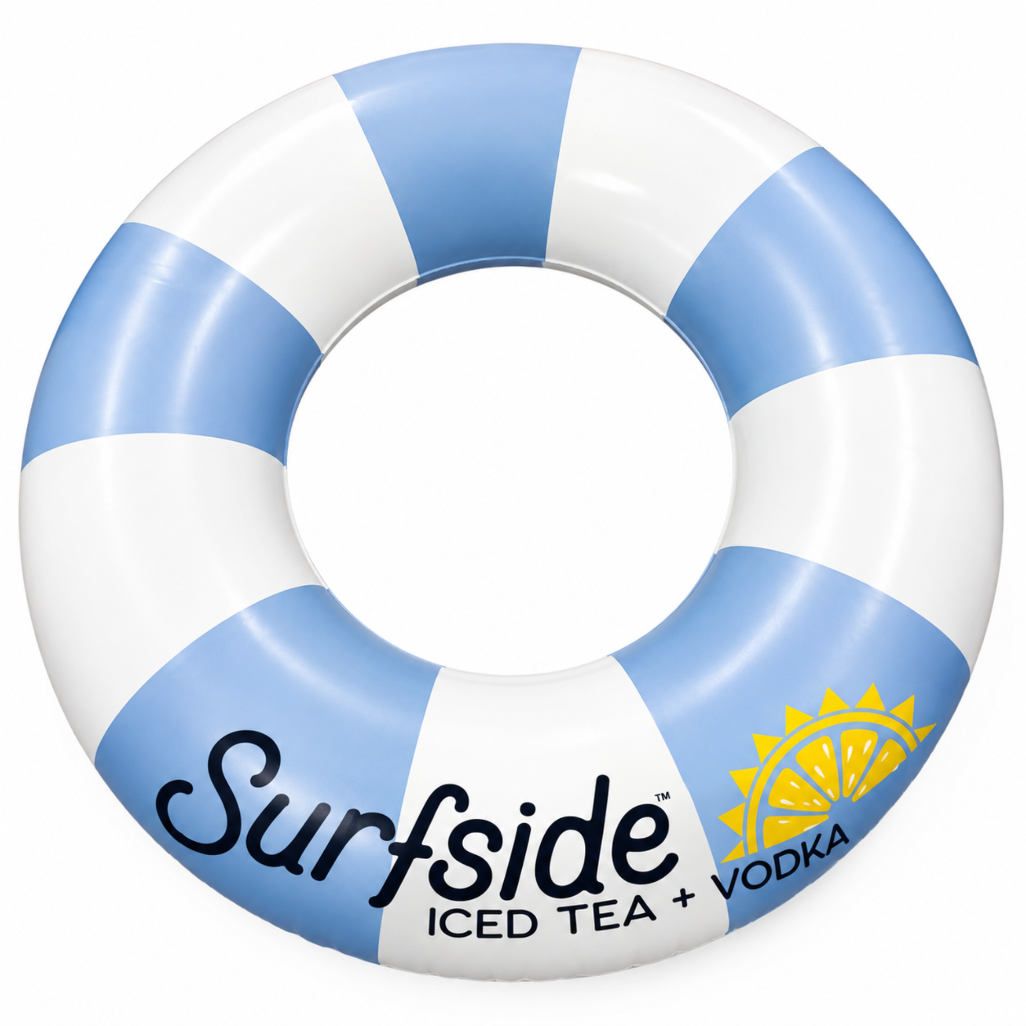 Blue and white striped pool ring float with Surfside logo on a white background