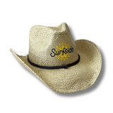 Straw Surfside cowboy hat with 'Surfside' logo and a leather strap around the brim on a white background