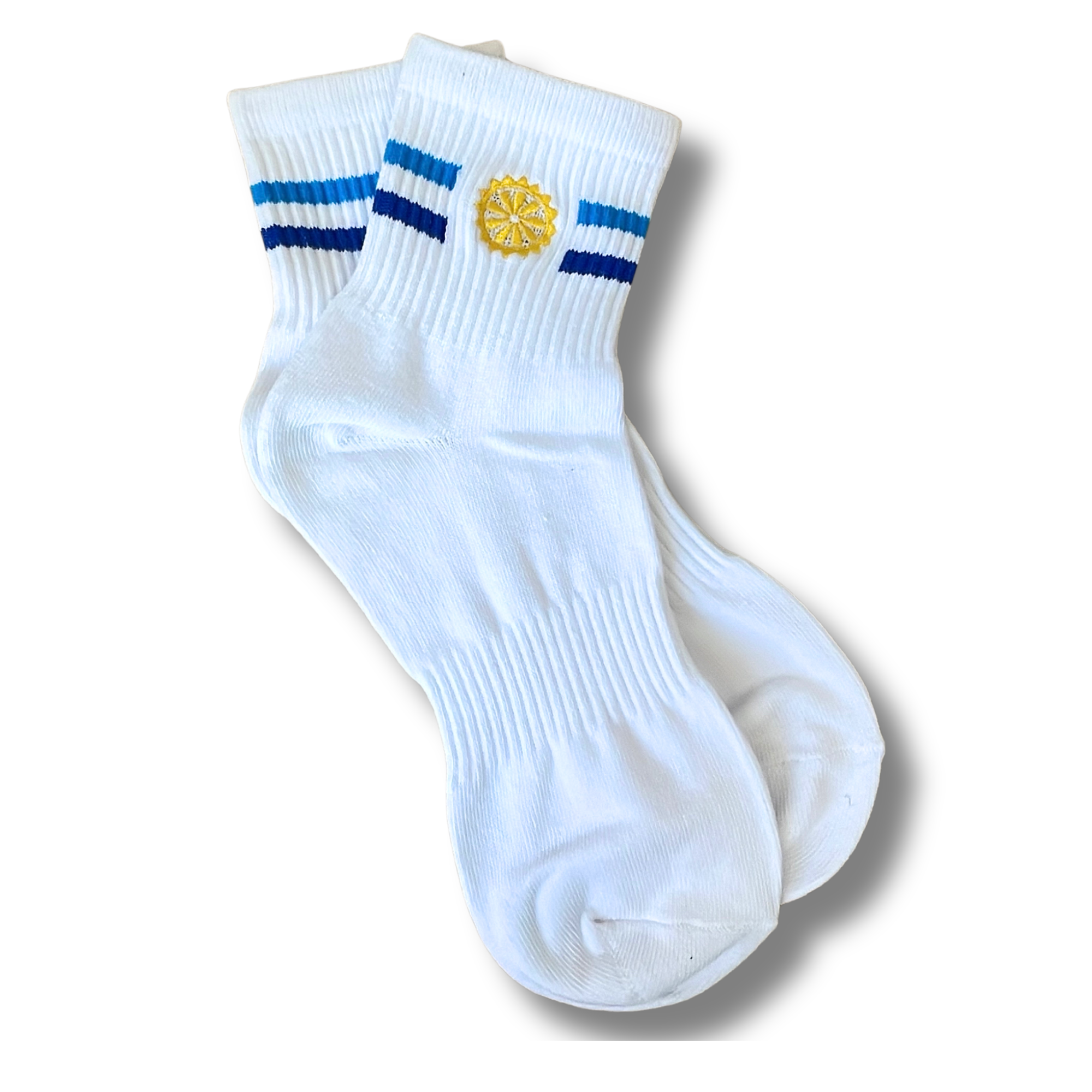 White socks with blue stripes and a yellow Surfside run emblem on a white background