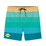 Surfside Green Tea and Vodka branded striped swim trunks with a Surfside logo on a white background
