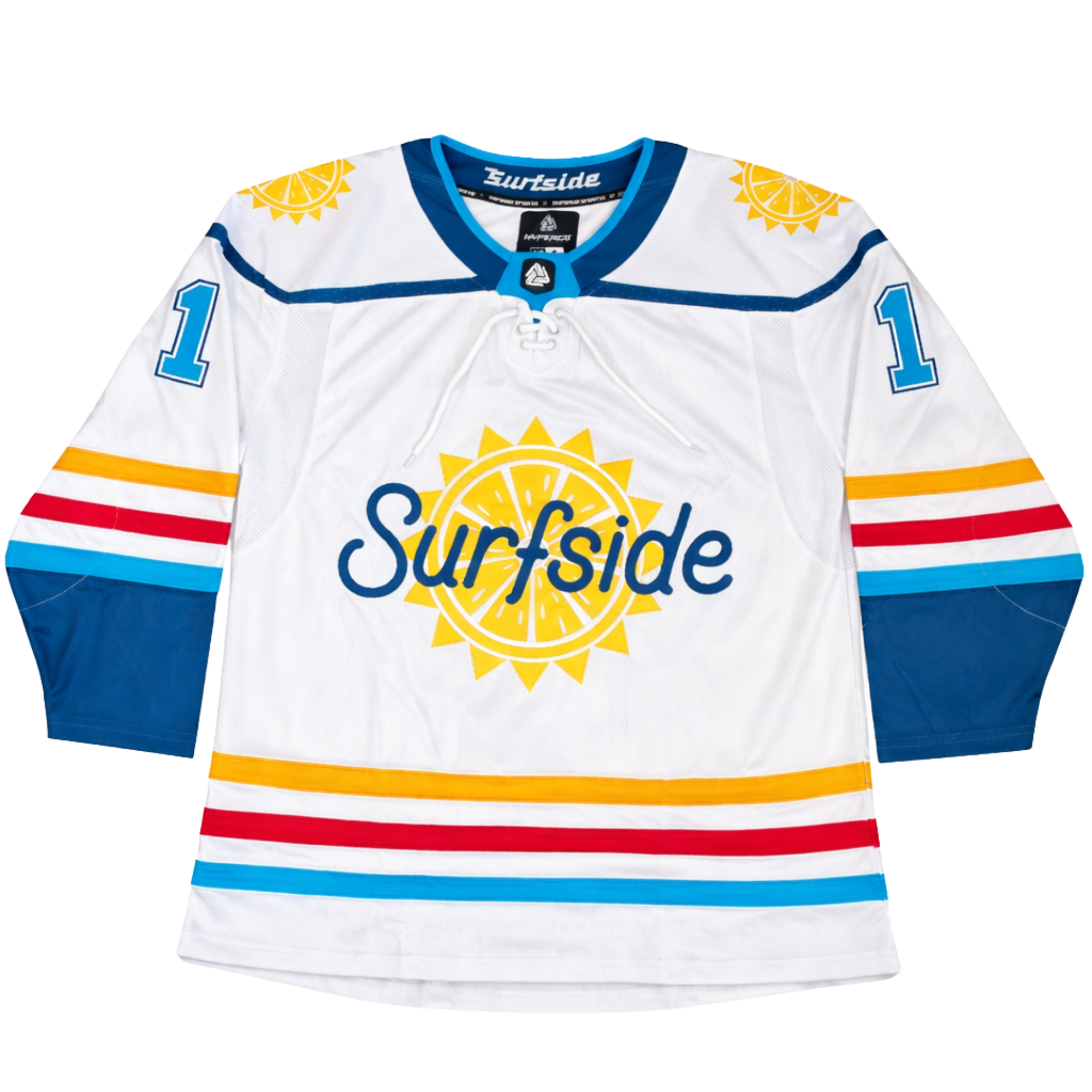 Hockey jersey with 'Surfside' logo and colorful stripes on a white background