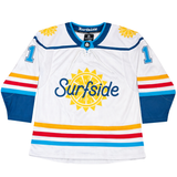 Hockey jersey with 'Surfside' logo and colorful stripes on a white background