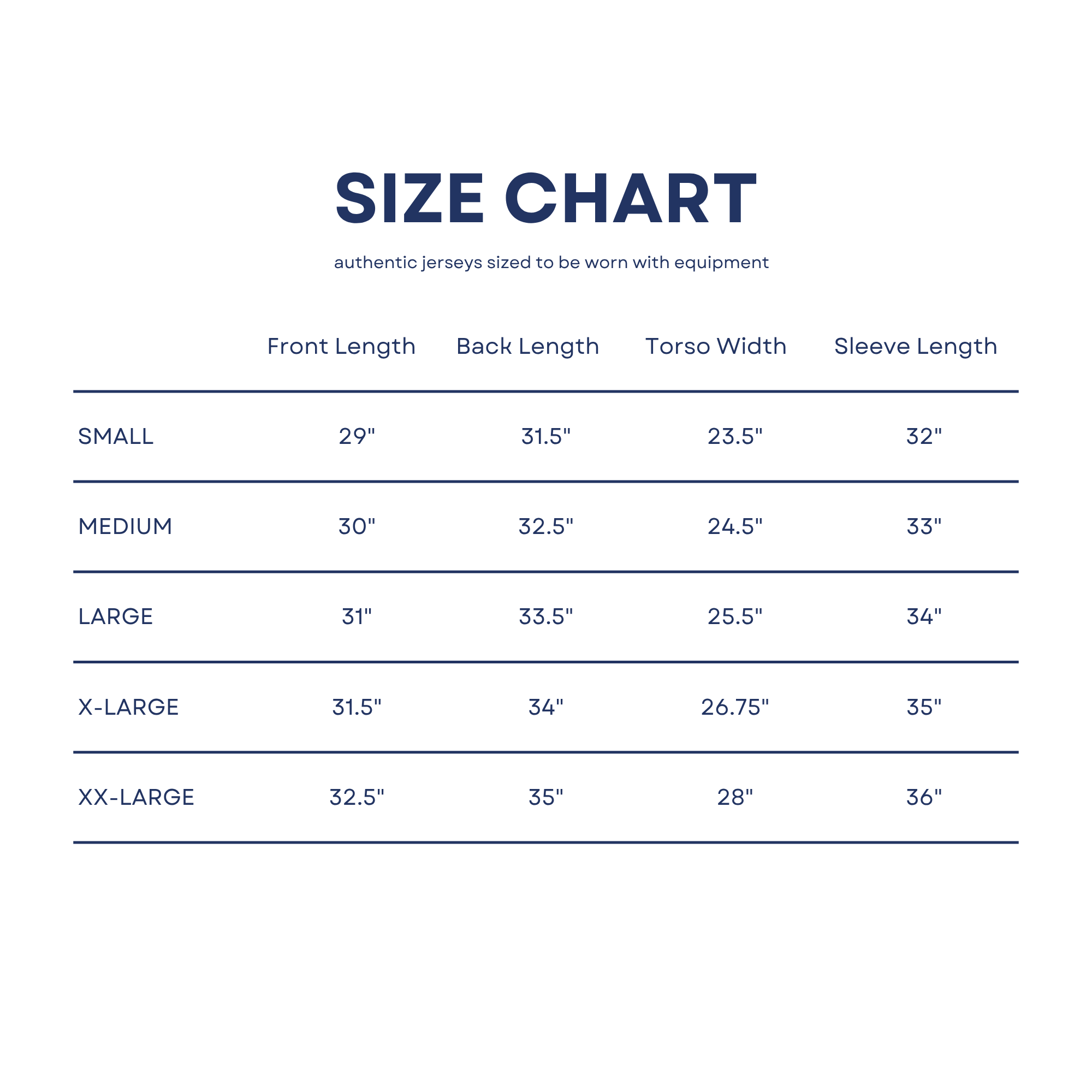 Size chart for jerseys with measurements in inches