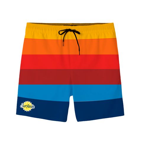 Colorful striped shorts with a 'Surfside' logo on a white background