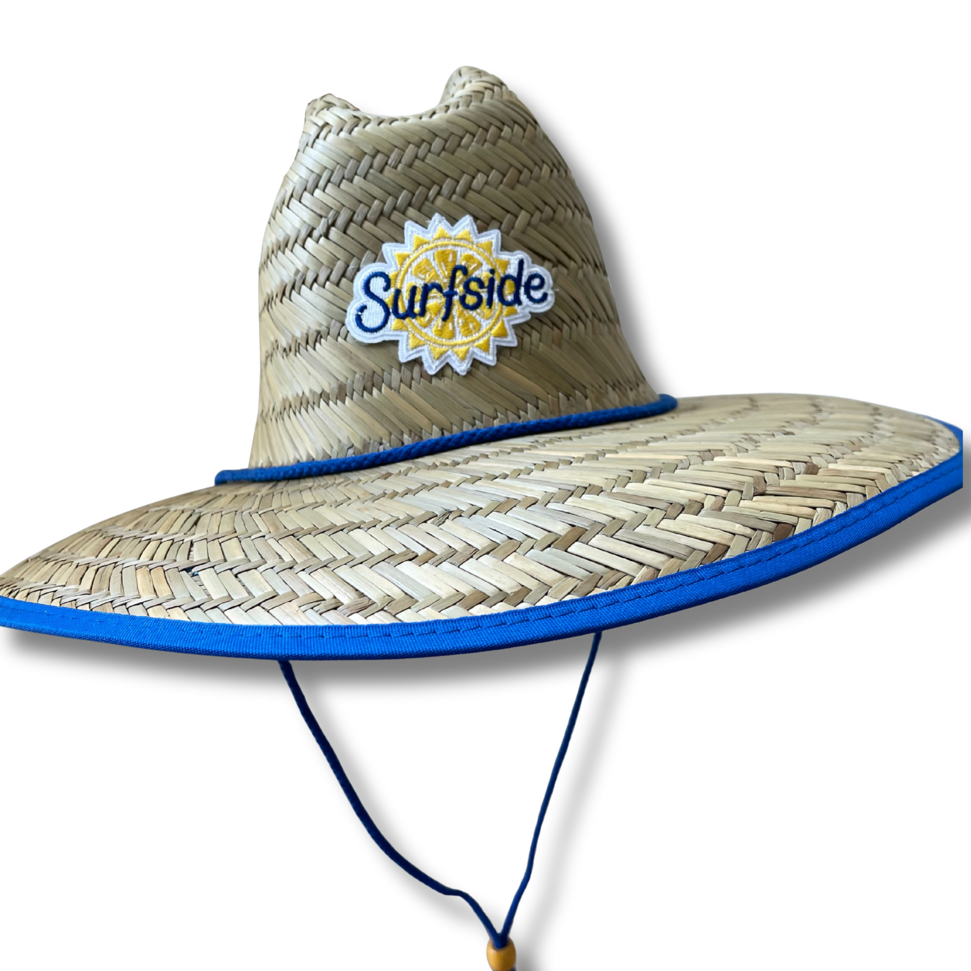 Surfside Sun Straw hat with blue rim and 'Surfside' logo on a white background