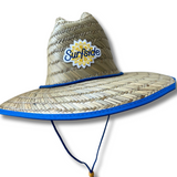 Surfside Sun Straw hat with blue rim and 'Surfside' logo on a white background