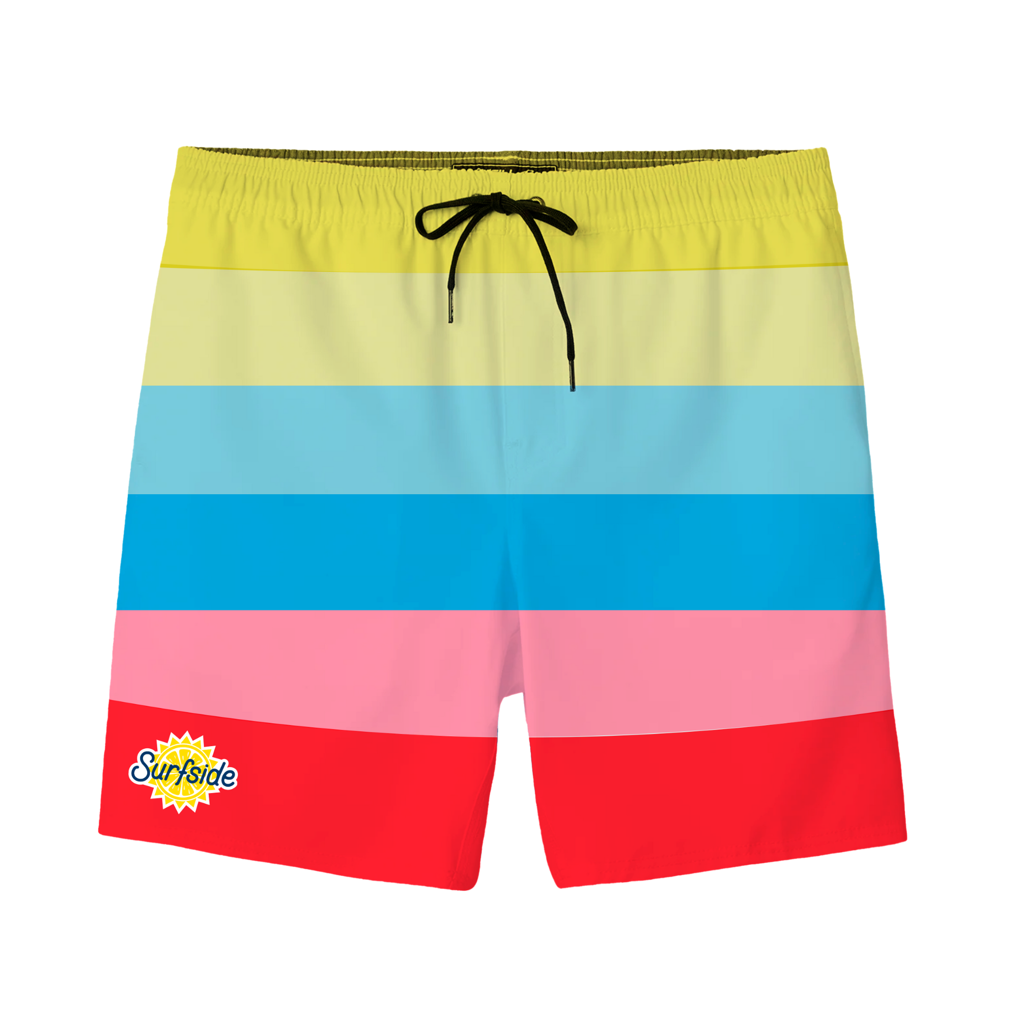 Colorful striped shorts with a 'Surfside' logo on a white background