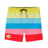 Colorful striped shorts with a 'Surfside' logo on a white background