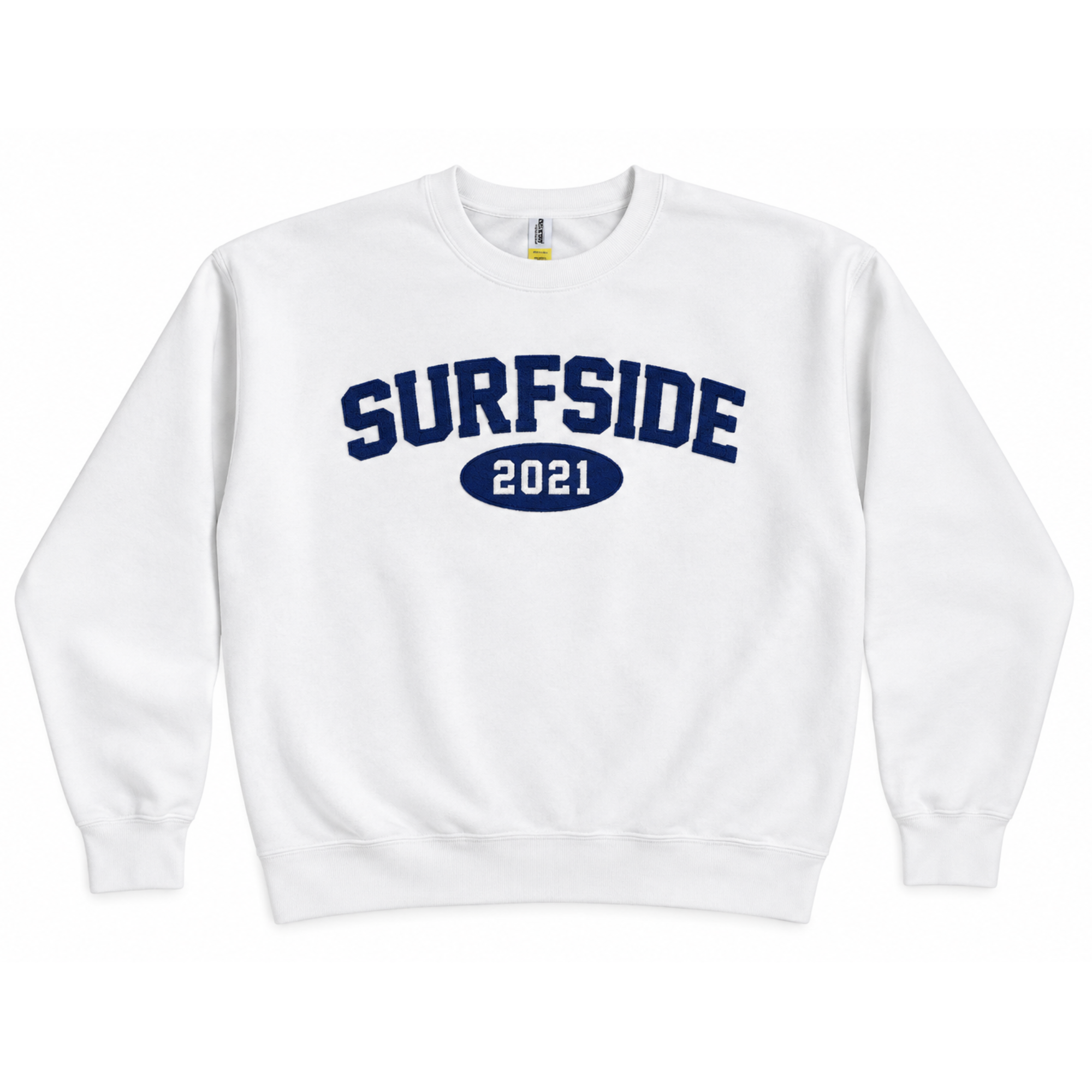 White sweatshirt with 'Surfside 2021' text on a white background