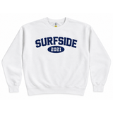 White sweatshirt with 'Surfside 2021' text on a white background