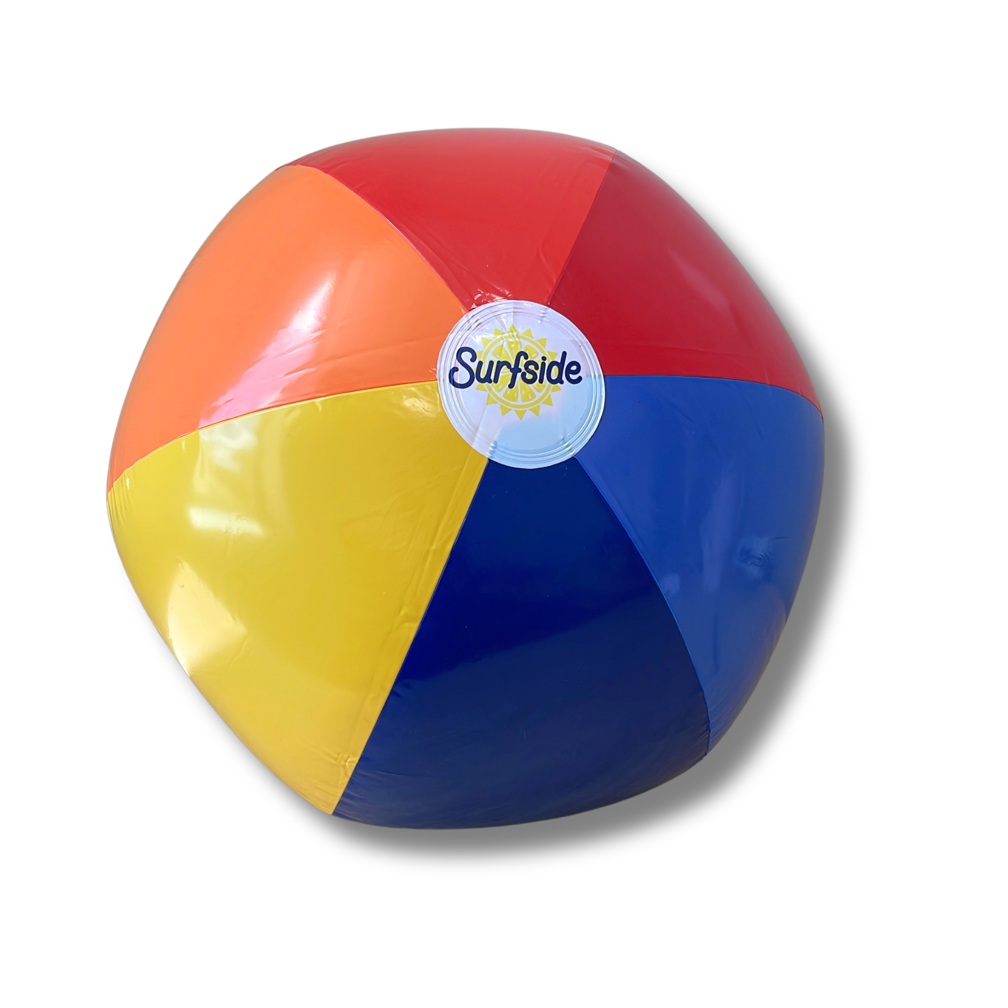Colorful Surfside branded beach ball with a 'Surfside' logo in the center on a white background