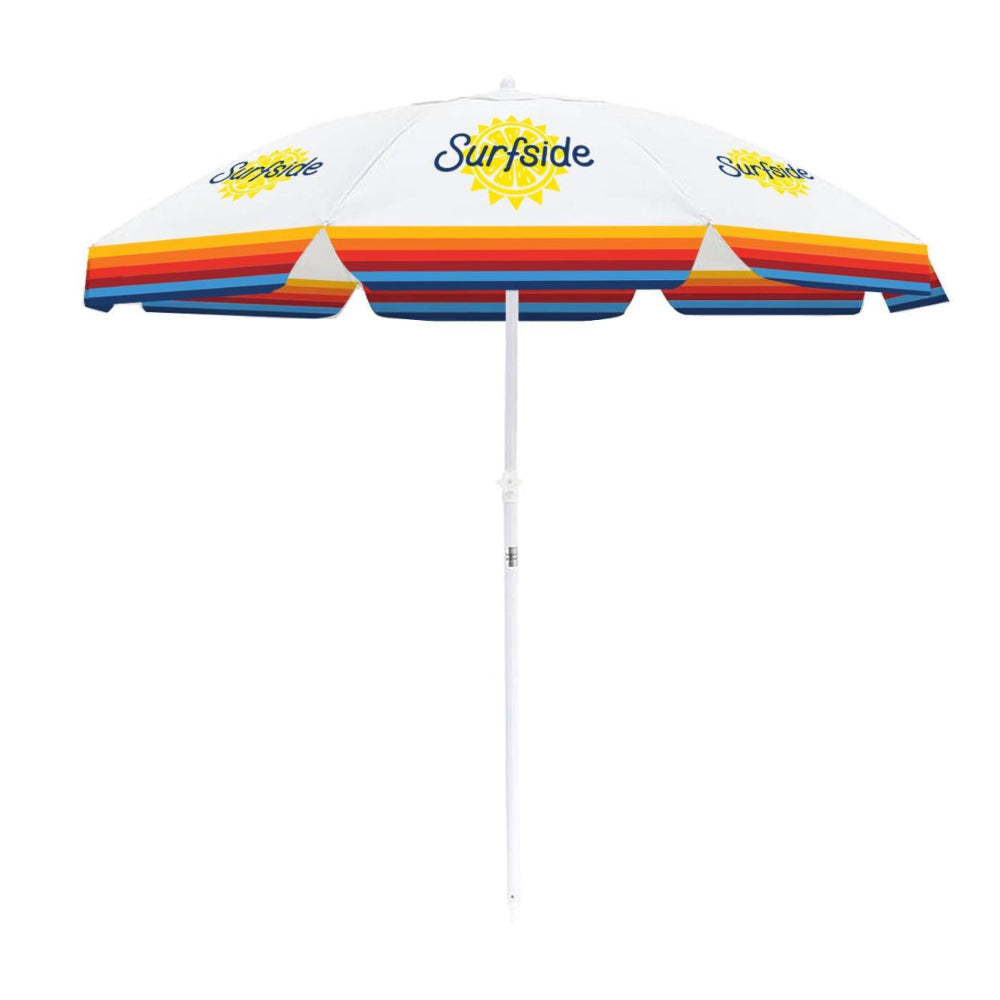 Surfside Branded Sun and Stripes beach umbrella with a white center pole for the beach