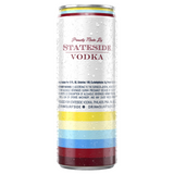 Back of the Black Cherry Lemonade and Vodka can with a colorful stripped design. "Proudly Made by Stateside Vodka" logo near the top of the can laying on a white background