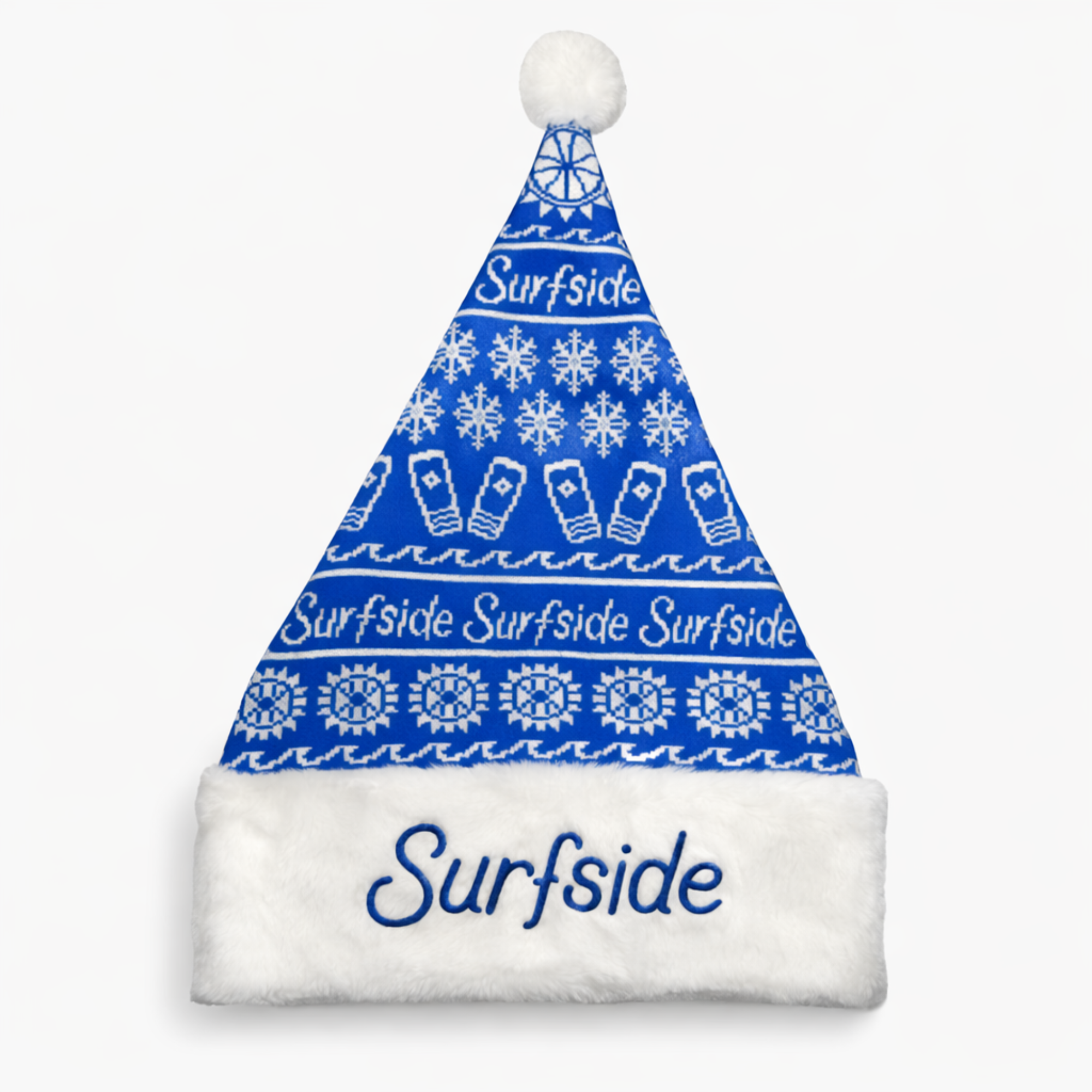 Blue and white Surfside Logo holiday hat with pom and Surfside design print on a white background