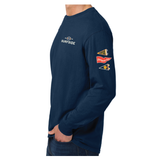 Side profile of the navy blue long sleeve tailgate t-shirt on model. Featuring the side sleeve with 3 pennant flags, one yellow Surfside one, one red Tailgate Club one and One Surfside sun branded one. This also features a side shot of the Surfside font and football detail in the front.