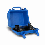 Blue speaker box holder with black cylindrical objects on a white background