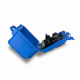 Blue plastic speaker box holder from a side view with blue inside component on a white background