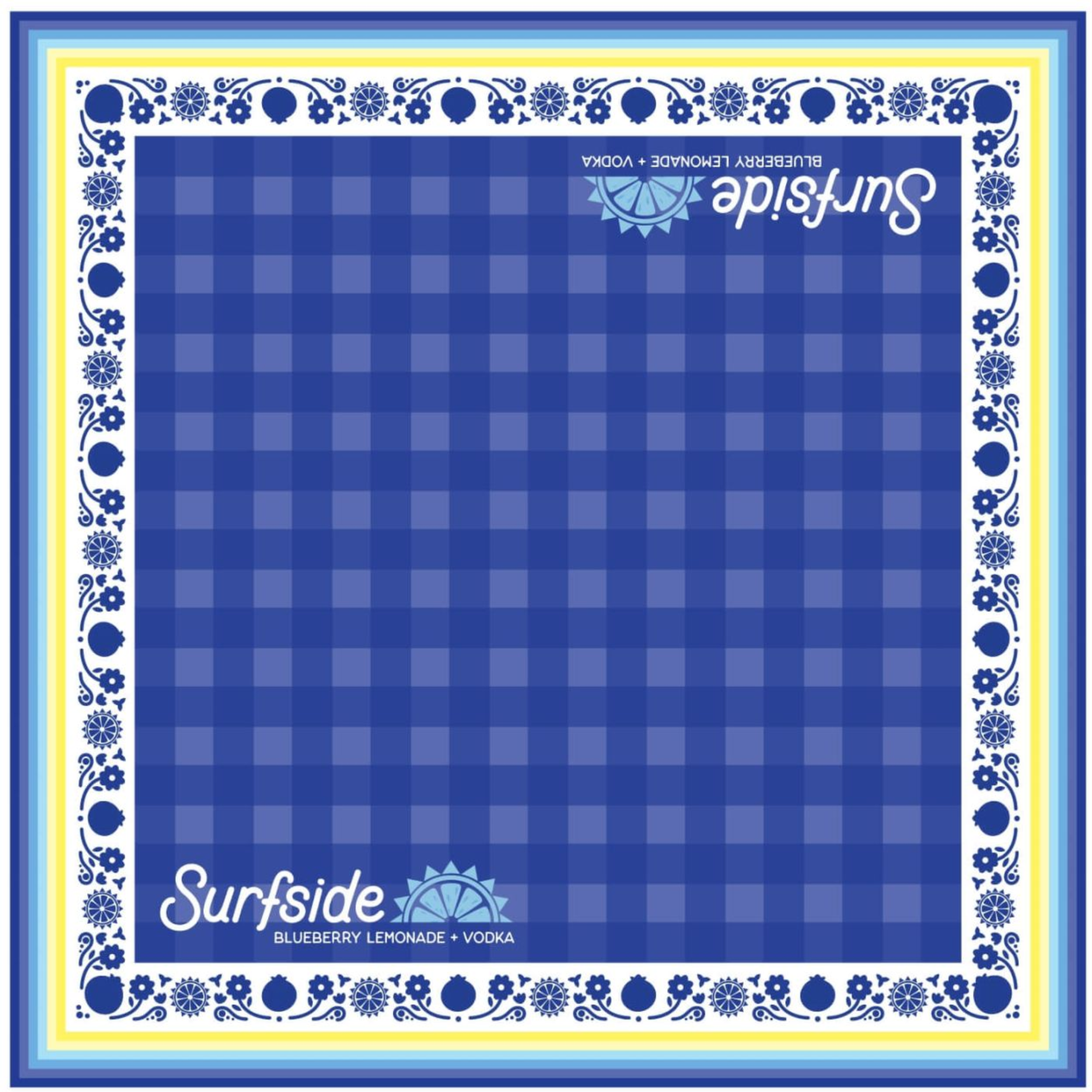 Surfside Blueberry Lemonade + Vodka Logo Bandana with a checkered mark design center and brand elements around the boarder