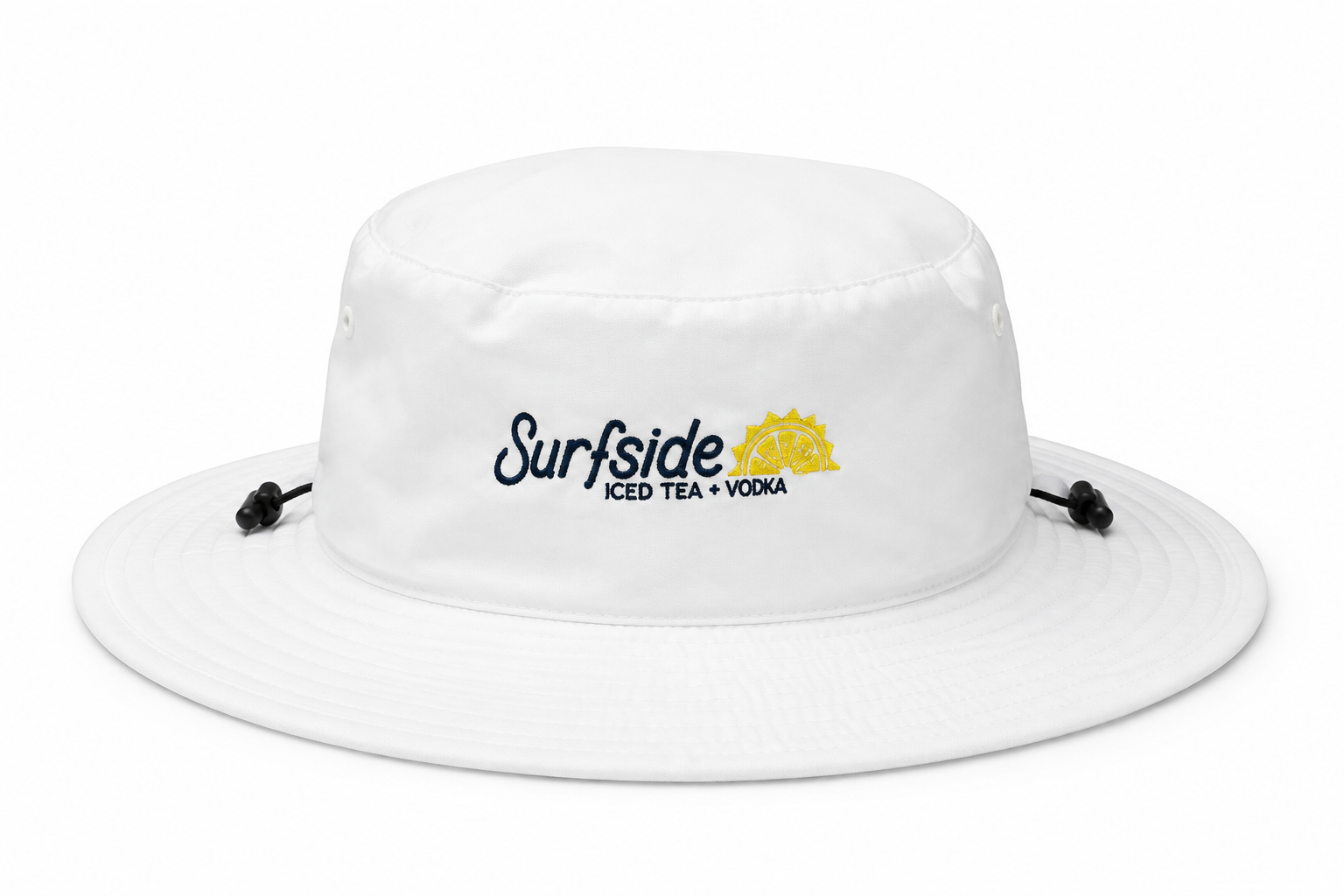 A white boonie style hat with a printed 'Surfside Iced Tea + Vodka' logo on the front, featuring black drawstrings on the sides, set against a plain white background.