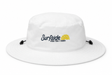 A white boonie style hat with a printed 'Surfside Iced Tea + Vodka' logo on the front, featuring black drawstrings on the sides, set against a plain white background.