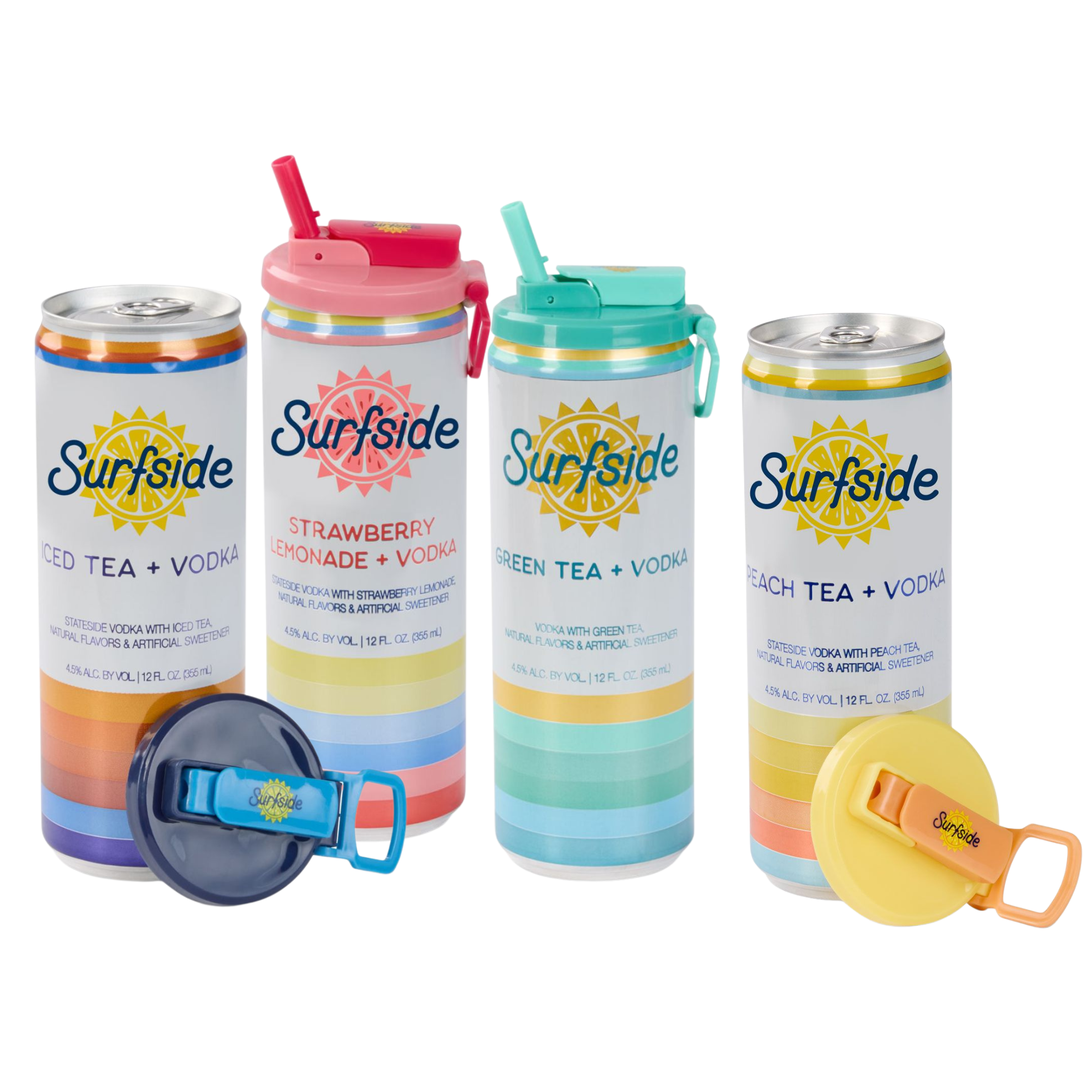 Ice Tea and Vodka, Strawberry Lemonade and Vodka, Green Tea and Vodka and Peach Tea and Vodka Surfside Cans lined up with matching branded can toppers