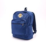 Navy blue canvas backpack with front zipper and surfside logo 