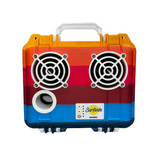 A multicolored waterproof portable speaker with orange, red, blue, and white vertical stripes, featuring two large fans on the front and the Surfside logo with on/off and volume buttons.