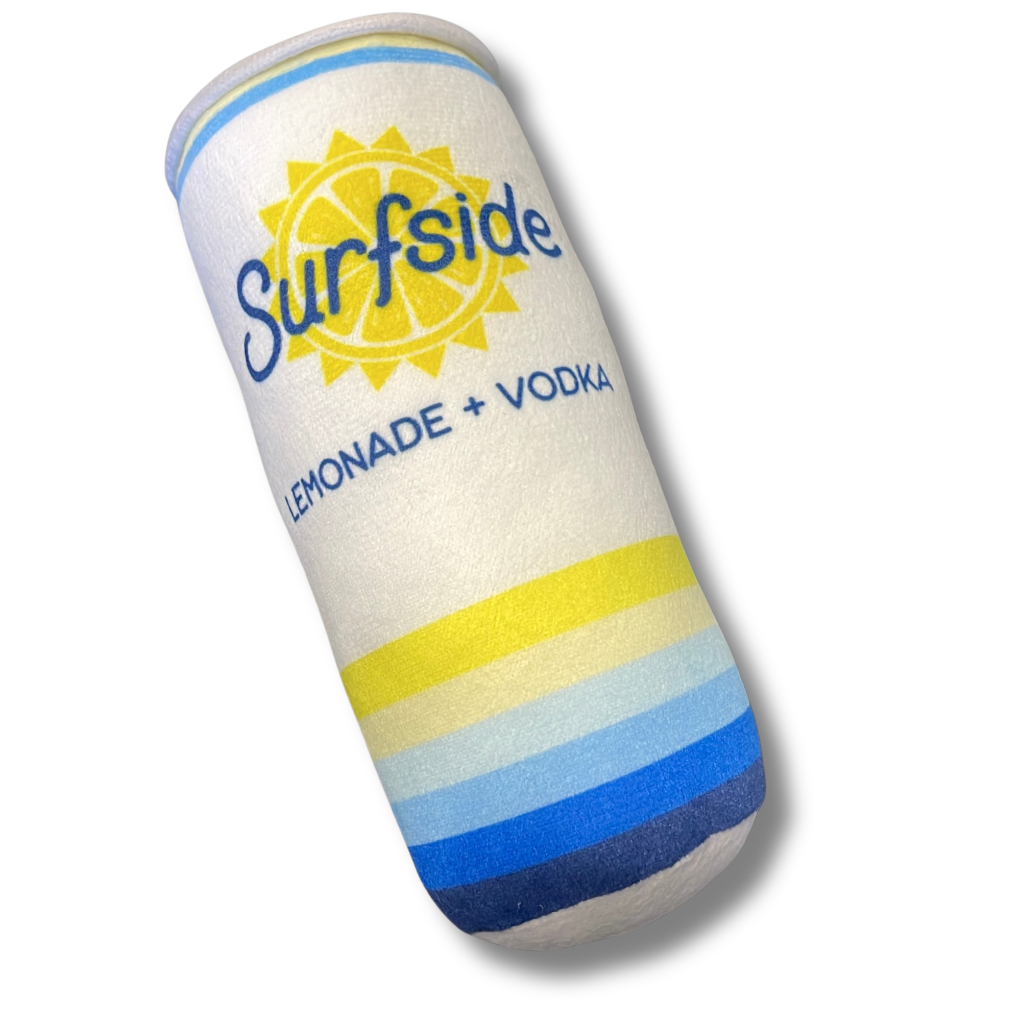 Plush Surfside Lemonade and Vodka can chew toy with colorful design on a white background
