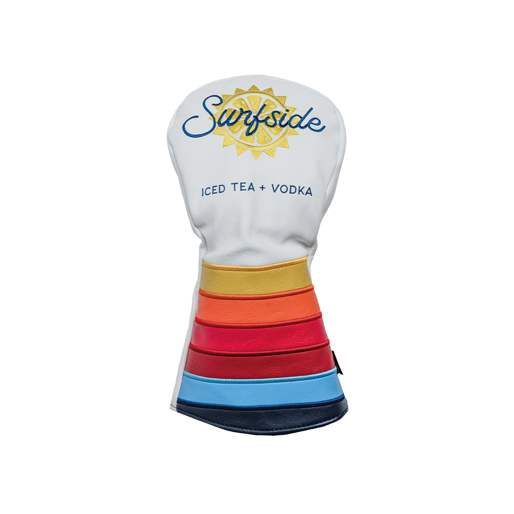 A multicolored driver cover with a colorful striped pattern and 'Surfside' branding, alongside text 'ICED TEA + VODKA'.