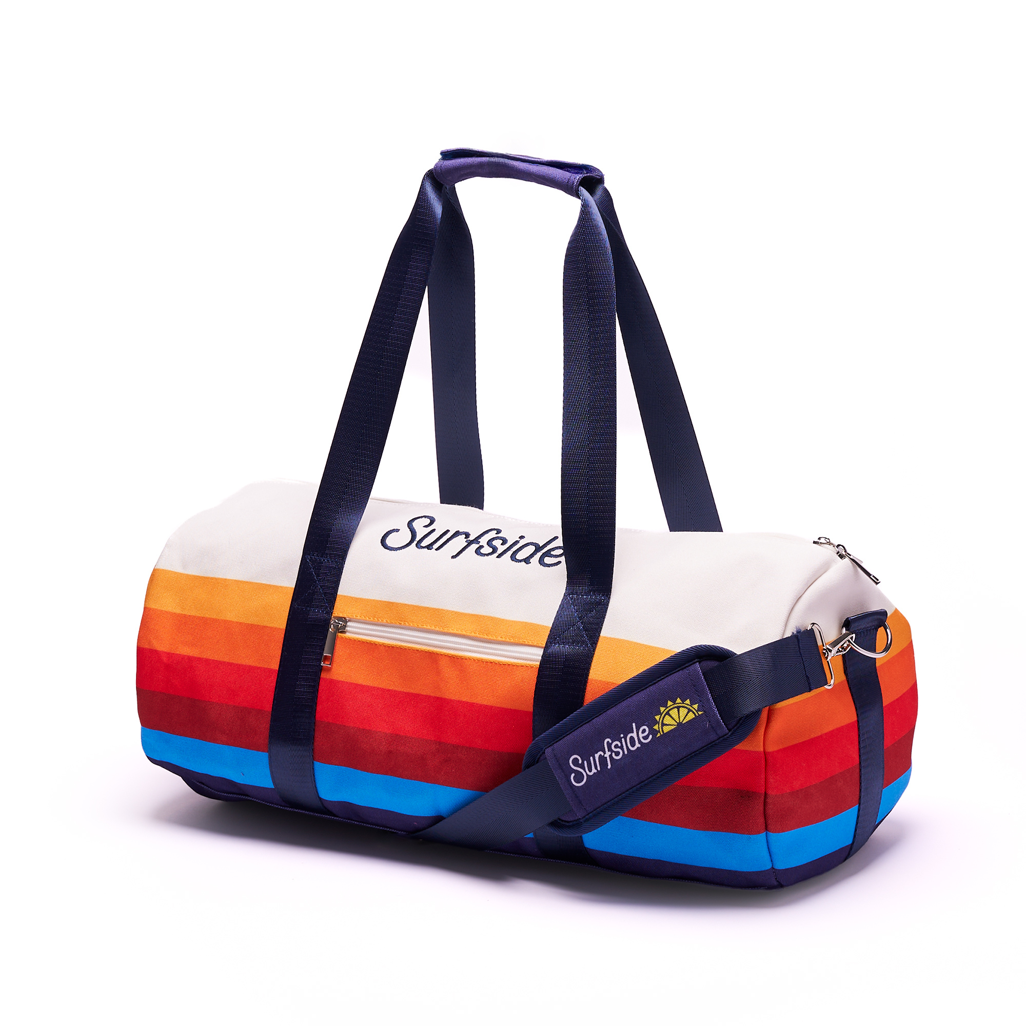 Surfside striped duck canvas duffel bag with navy handles and adjustable shoulder strap
