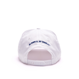 Back of the white Surfside EST 2021 hat showcasing "No Bubbles, No Troubles" above the snapback feature
