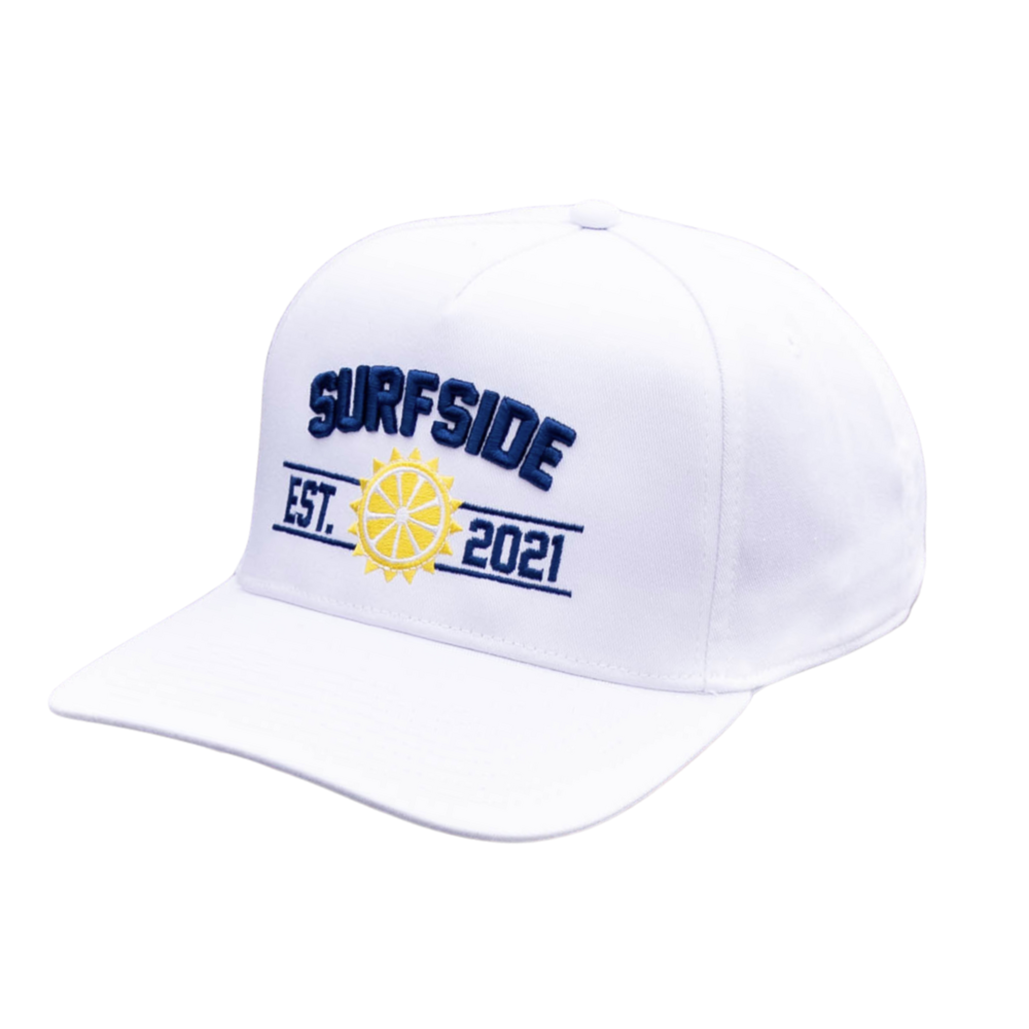 White 'Surfside Est. 2021' with and Sun logo on a white background