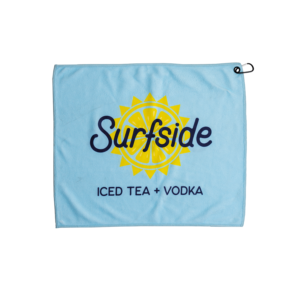 A blue microfiber golf towel with the text 'Surfside ICED TEA + VODKA' printed on it.