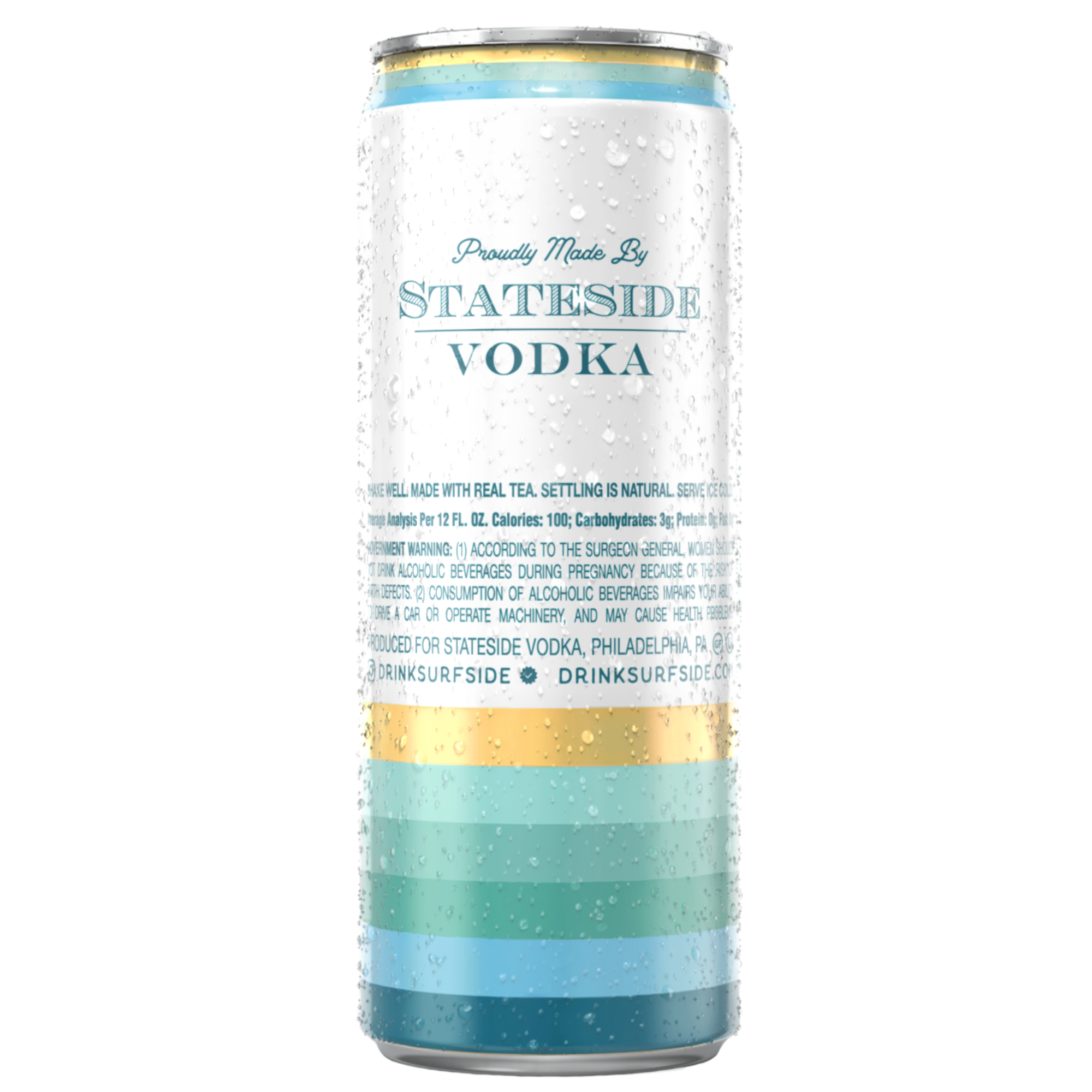 Back of the Surfside Green Tea and Vodka can with a colorful stripped design. 