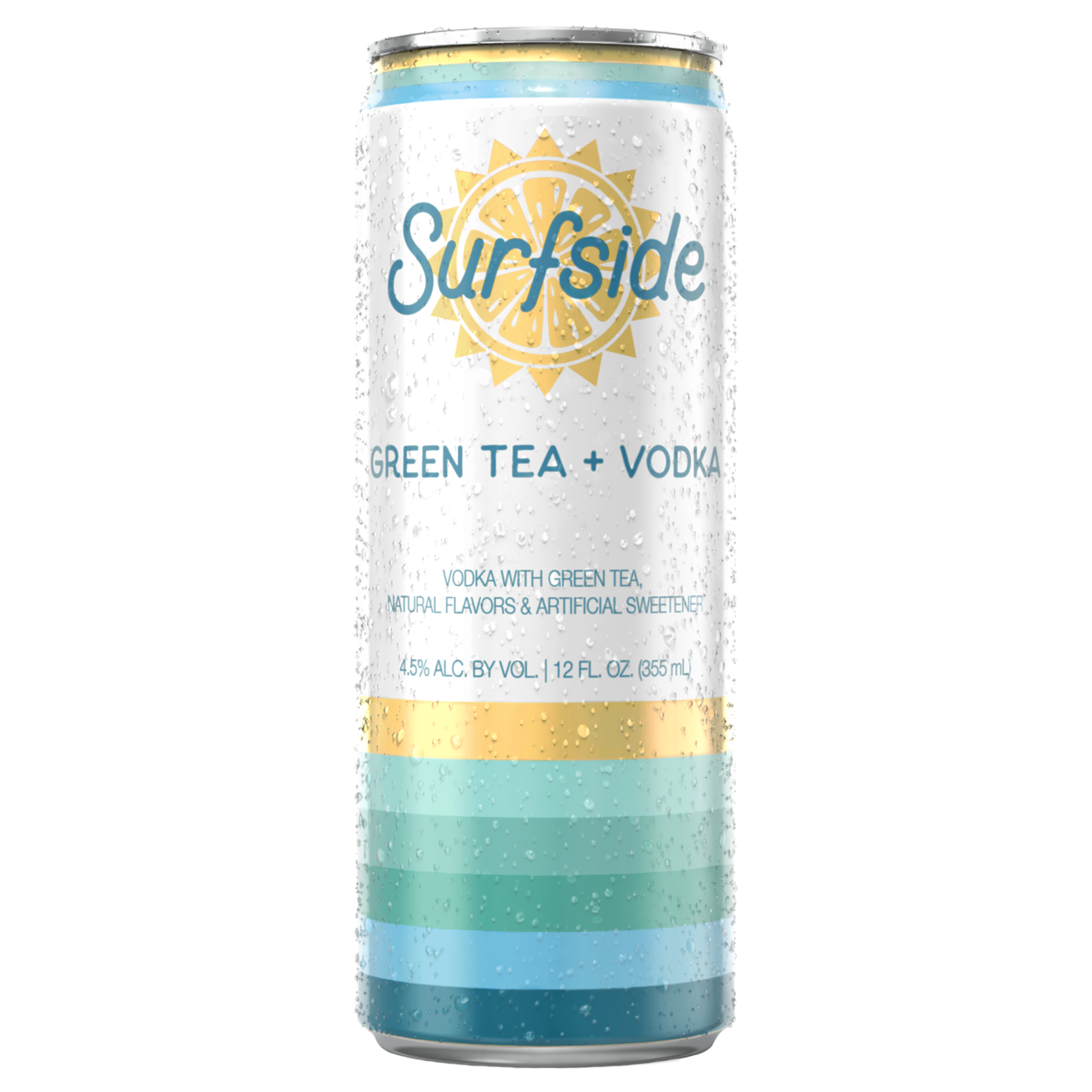 Surfside Green Tea + Vodka 12 fl oz can with a yellow Surfside logo and brand elements 