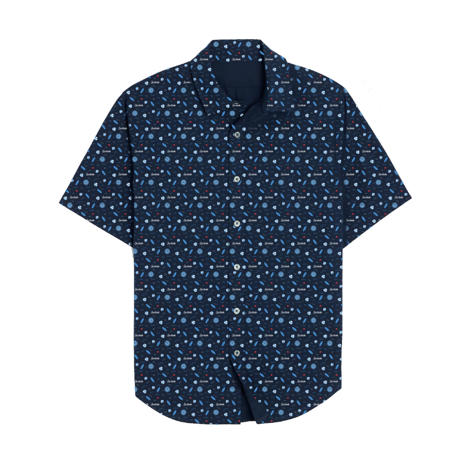 A blue Hawaiian button down shirt with a geometric pattern and subtle Surfside logos
