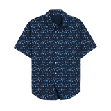 A blue Hawaiian button down shirt with a geometric pattern and subtle Surfside logos