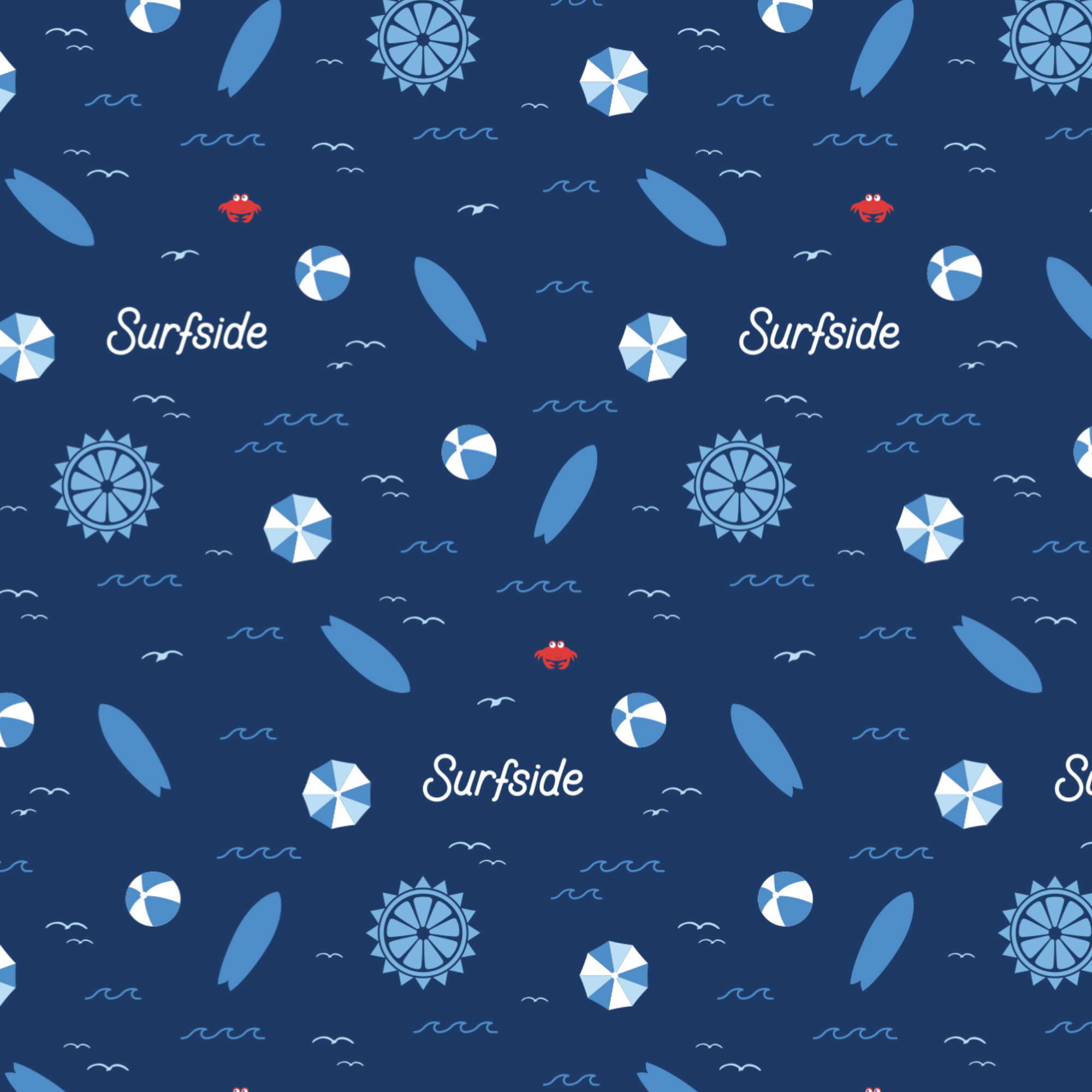 Close up of the Hawaiian inspired Surfside print featuring red crabs, Surfside sun, beach balls, birds, and waves