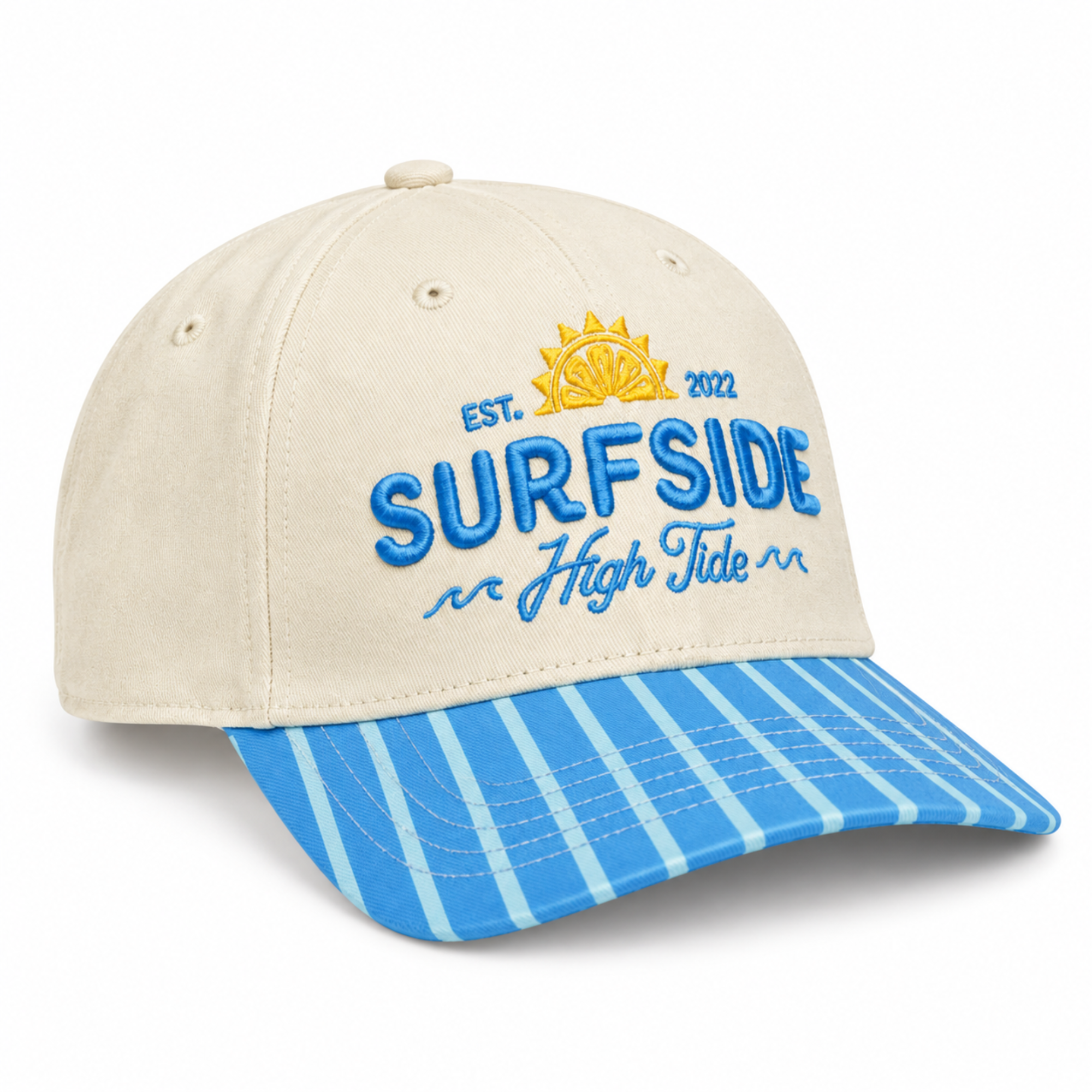 A beige baseball cap with a blue and white striped visor, featuring 'SURFSIDE High Tide' embroidered in blue on the front with a yellow sun graphic.