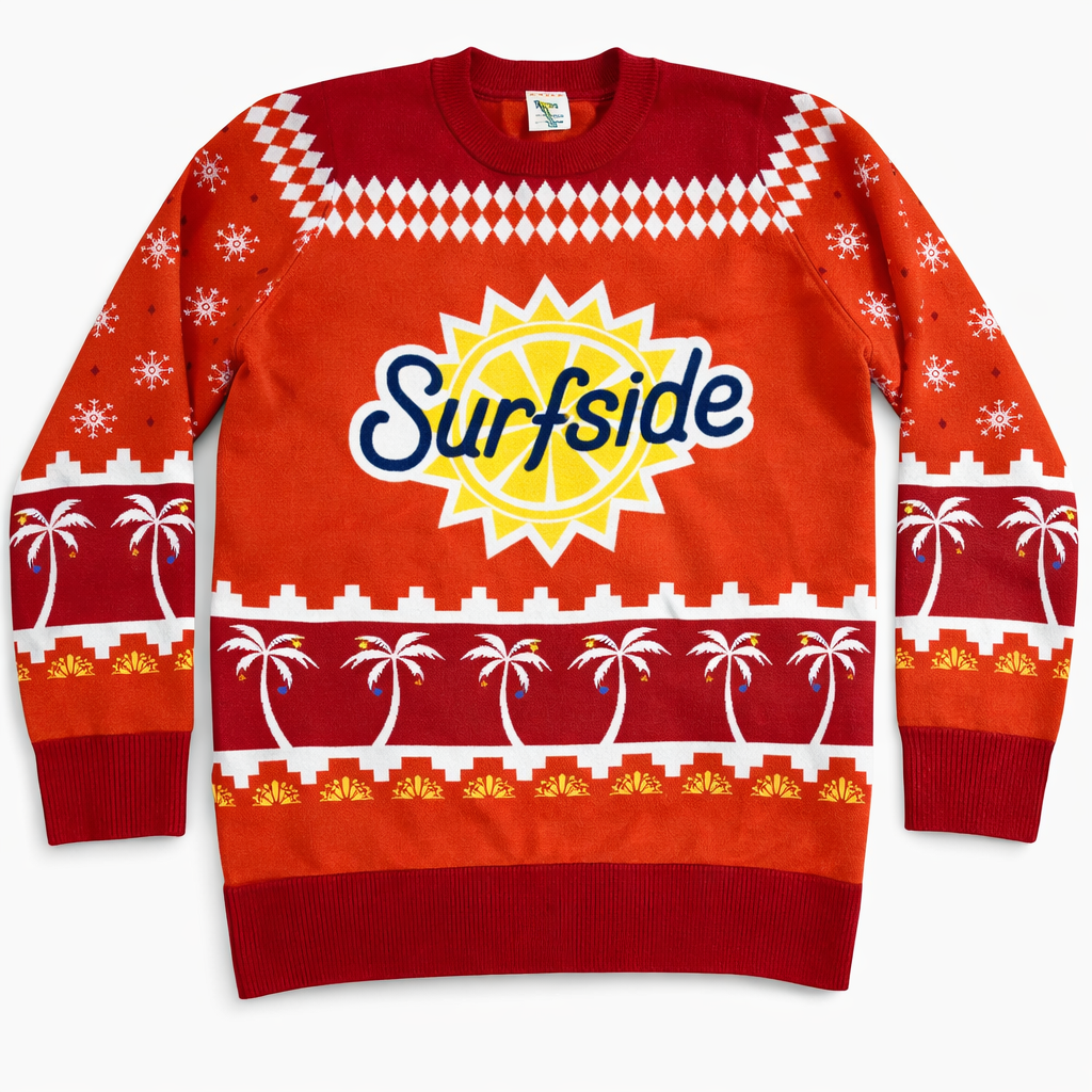 Red holiday sweater with 'Surfside' logo and beach-themed patterns on a white background
