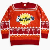 Red holiday sweater with 'Surfside' logo and beach-themed patterns on a white background