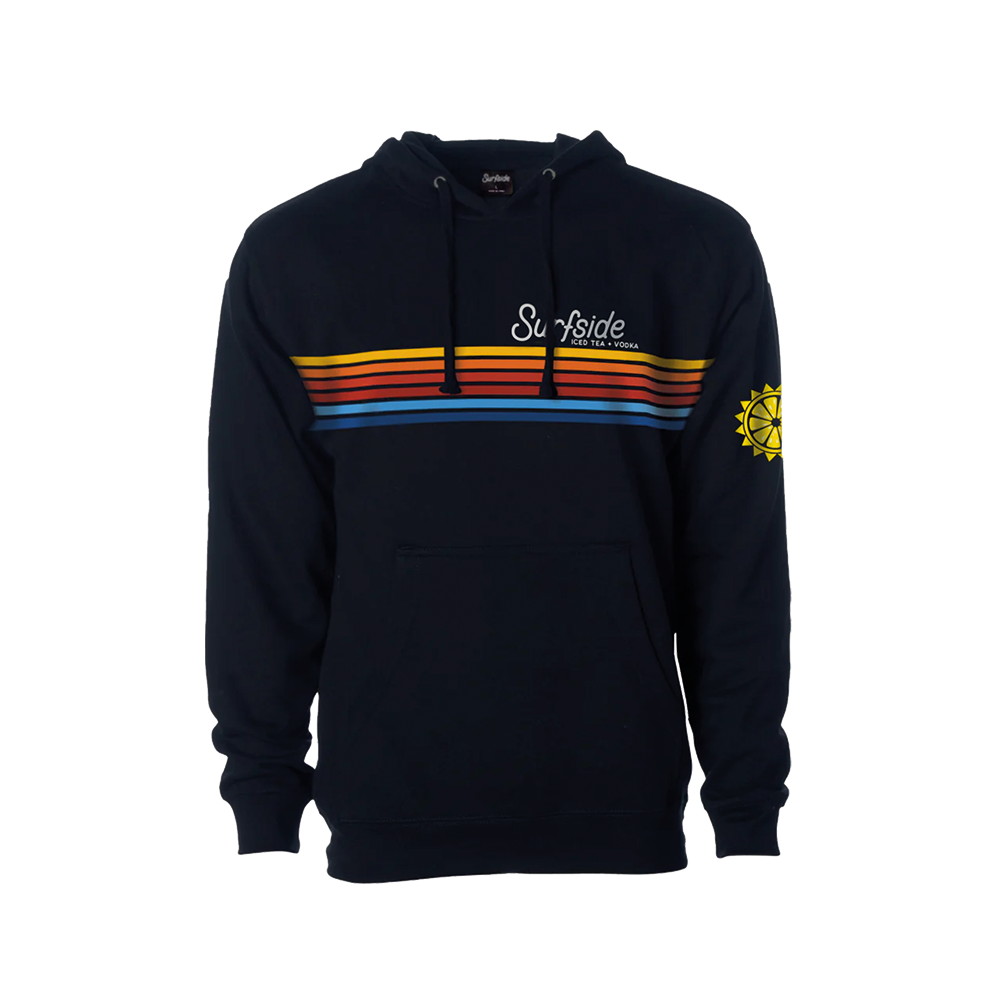 A navy-colored hoodie with a Surfside logo, featuring horizontal stripes in red, yellow, and blue on the front, and a visible brand logo.
