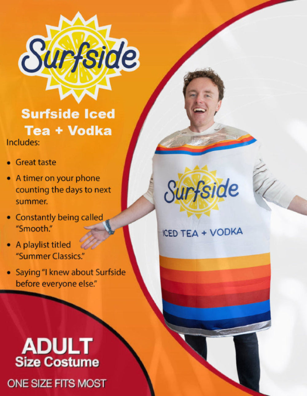 Surfside Iced Tea + Vodka can costume with person wearing it against an orange and white background with promotional text